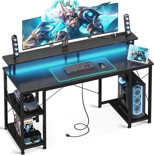 ODK 55 inch Computer Desk with Power Outlets &amp LED Lights Gaming Desk with Monitor Stand &amp Storage Sheves Home Office Desk Carbon Fiber Black
