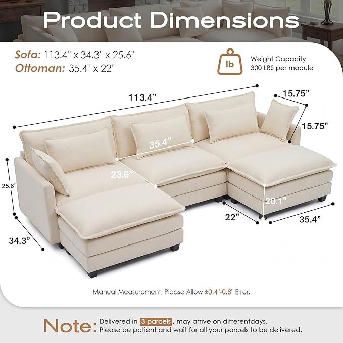 113.4 U-Shaped Modular Sectional Sofa with Ottoman Comfy Cloud Couch with Deep Seat (23.6 D) Solid Wood FrameBeige/Gray/Blue/Black for Living Room Small Apartment (Beige 3 Seat)