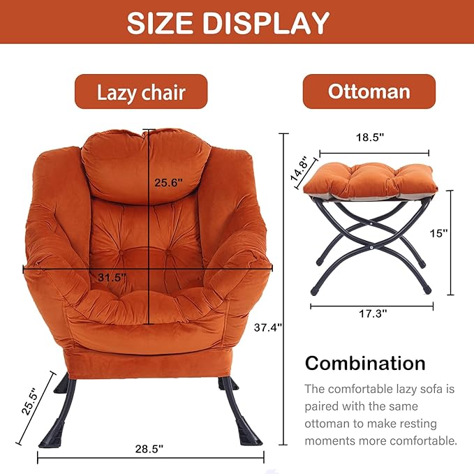 LITA Lazy Chair with Ottoman Modern Lounge Accent Chair with Armrests and a Side Pocket Leisure Upholstered Sofa Chairs Set Reading Chairs with Footrest for Small SpaceOrange