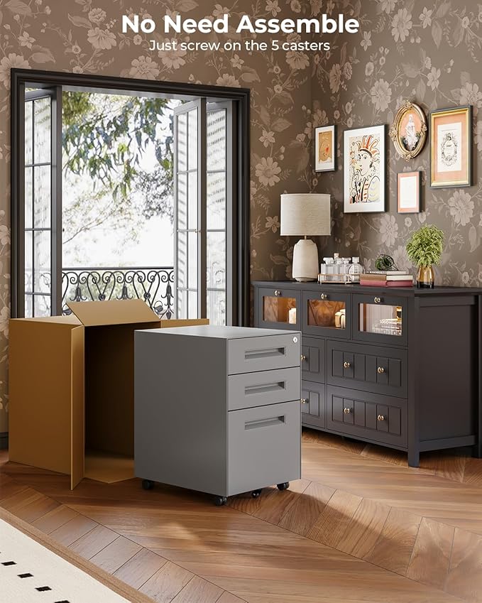 Dripex 3 Drawer File Cabinet Mobile File Cabinet with Lock on Wheels Letter/Legal Size Fully Assembled Modern Small Short Vertical Metal Rolling Filing Cabinets Under Desk for Home Office (Grey)