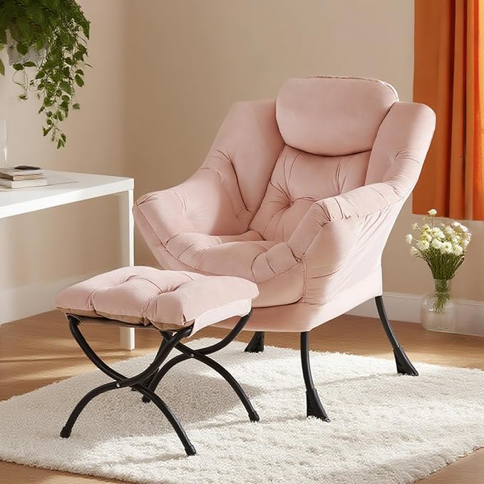 Tiita Lazy Chair with Ottoman Pink Modern Large Accent Chair Comfy Leisure Sofa Armchair with Ottoman Reading Chair with Footrest for Bedroom Living Room Dorm Rooms Velvet Pink