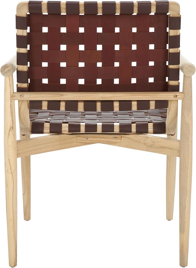 SAFAVIEH Home Collection Dionne Natural Sungkai Solid Wood/Cognac Brown Leather Woven Accent Chair (Fully Assembled)