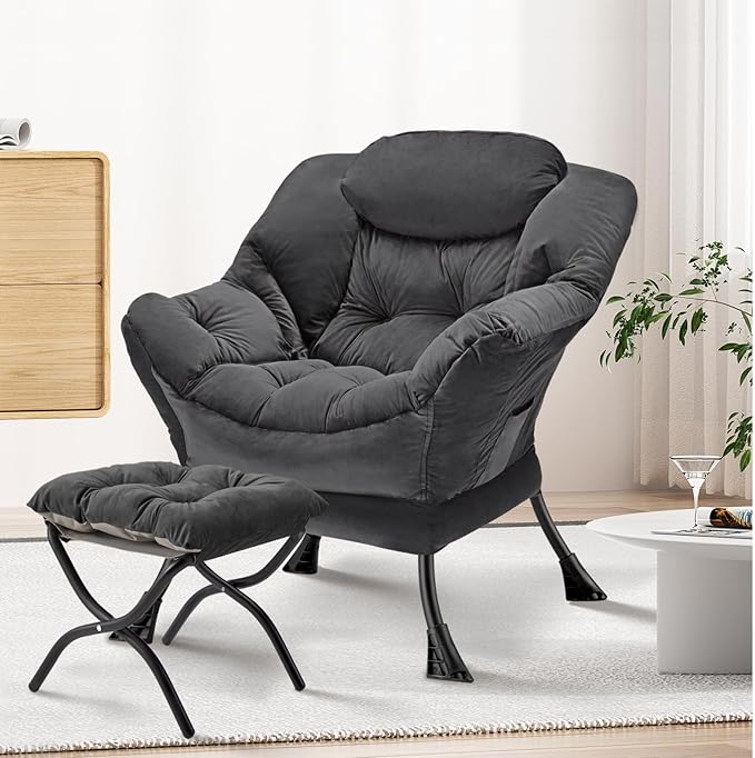 Lazy Chair with Folding Ottoman Modern Large Accent ChairContemporary Lounge Leisure Sofa Chair with Armrests Upholstered Sofa Armchair Reading Chair for BedroomDorm &amp Office (Dark Grey-f)