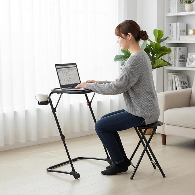 Homy Casa Folding Adjustable Laptop Table with Stool Set Portable Home Office Workstation Height Adjustable Standing Desk with Cup Holder Compact Computer Desk for Home Study &amp Small SpacesBl