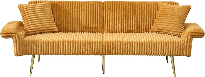 79 Corduroy Futon Sofa Bed Small Couch Loveseat Convertible Futon Sleeper Sofa with Folding Armrests and 2 Pillows Modern Couch for Living Room Bedroom Yellow