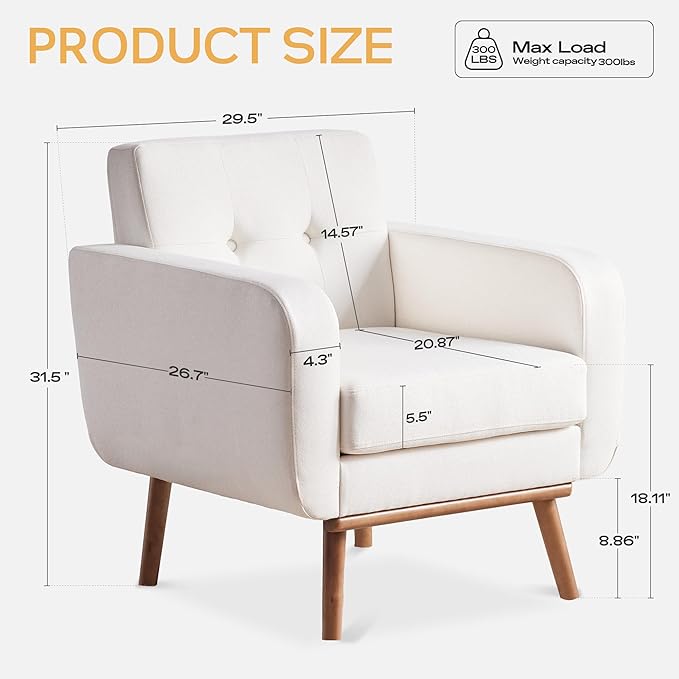 HUIMO Fabric Accent Chairs Set of 4 Button Tufted Living Room Chairs Easy to Install Mid Century Modern Chair Upholstered Arm Chair for Living Room Bedroom Study Office (4 White)