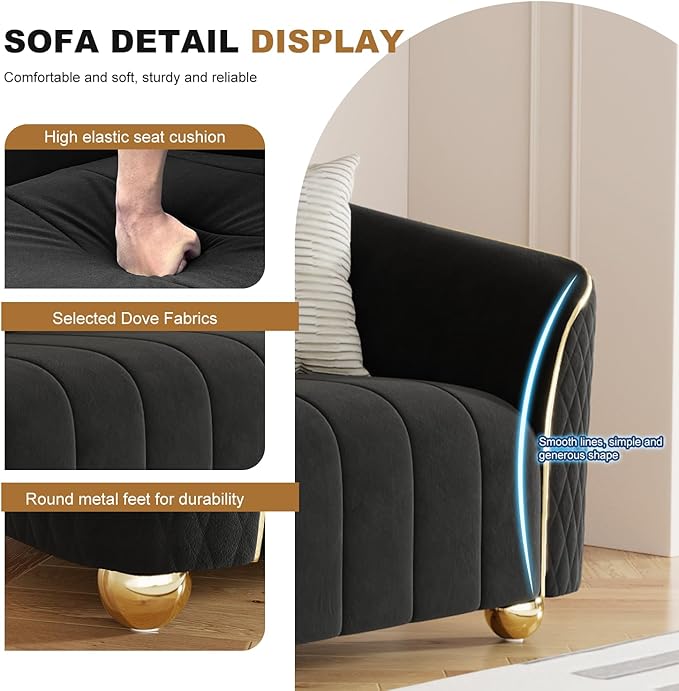 85 3-Seater Velvet Sofa - Modern Plush Spring Cushion Solid Wood Frame Spacious Deep Seat for Small Spaces Family Living Room &amp Office (Black 3S)