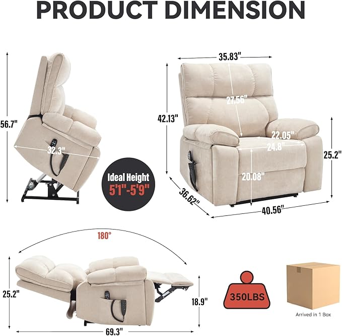 Oversized Power Lift Recliner Chair for Elderly Dual Motor Lift Chair with Vibration Massage &amp Lumbar Heating Standing Assistance Recliner with Cup Holders for Living Room - Chenille Fabric Bei