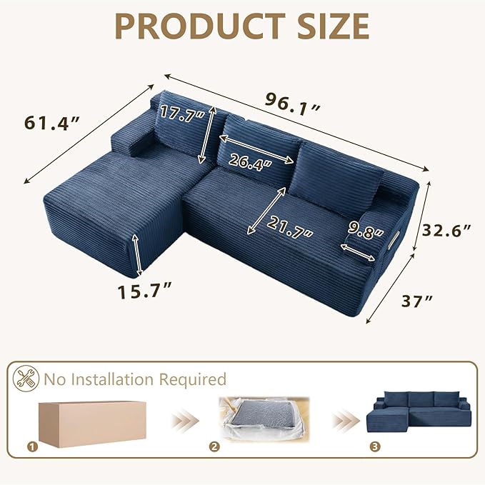 96 Modular Sectional Sofa Modern Corduroy L Shaped Cloud Couch with Side Pockets Boneless Upholstered Couches with Deep Seat for Living Room No Assembly Required (Blue Left Facing Chaise)