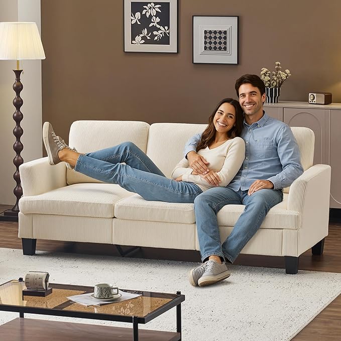 VINGLI Beige 83 Sofa Couches for Living Room Corduroy Modern Comfy 3 Seater Couch 25.6 Deep Seat Upholstery Cozy Sofas for Small Space Bedroom Apartment Home Office