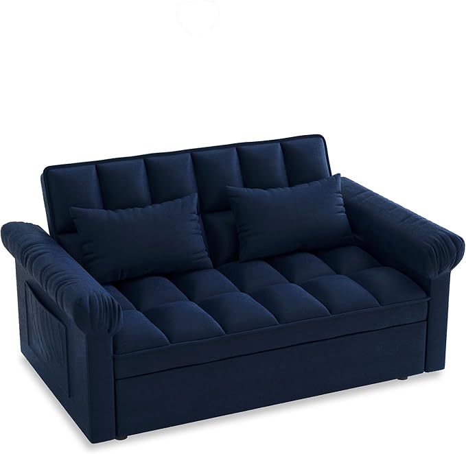 Modern Loveseat Sleeper Sofa with Pull-Out Bed &amp Adjustable Backrest Convertible Sofa Bed with Strong Wood Frame for Small Space Living Room Guest Room Easy Assembly (Blue85)