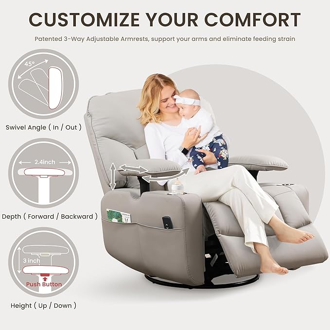 SUNWAVE Power Nursery Rocking Chair with Adjustable Armrests Nursing Chair with USB Cup Holders &amp Blanket Swivel Rocker Recliner with Corduroy and PU Leather Mixed Fabric (Gray)