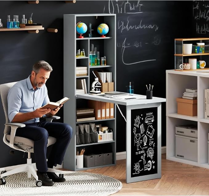 Fold-Out Convertible Office Desk Wall Mount Computer Desk - Metal Charcoal Grey - Foldable Space-Saving Design - Home Office Study - Space-Saving Durable Easy to Assemble