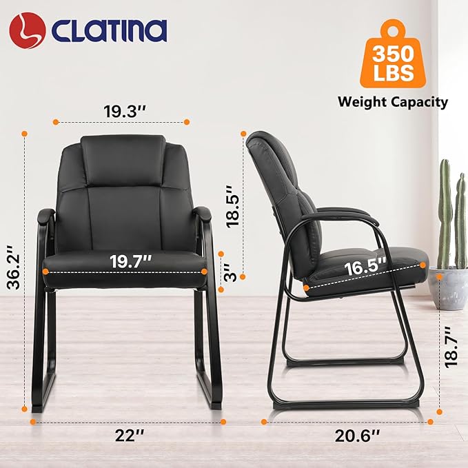 CLATINA Leather Guest Chair with Padded Arm Rest for Reception Meeting Conference and Waiting Room Side Office Home Black with Sled Base 1 Pack