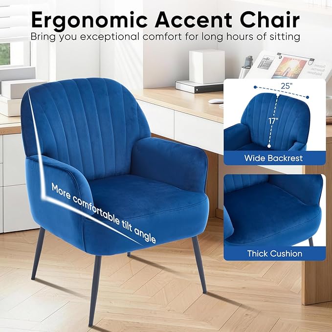 Velvet Accent Chair Upholstered Modern Leisure Single Sofa Side Living Room Chair Comfy Tufted Back Armchair with Metal Legs for Waiting Room/Bedroom/Office/Reading Room Blue