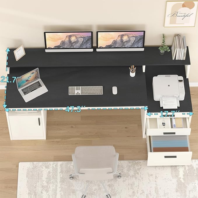 65 Inch Computer Desk with 3 Drawers &amp Storage Shelves Executive Desk with File Drawer &amp Cabinet Home Office Desk with Long Monitor Stand &amp Printer Shelf Black &amp White