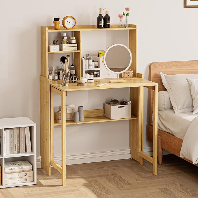 Bamboo Folding Desk for Small Spaces with Storage Mid Century Foldable Desk with Bookshelf Small Desks with Storage for Home Office Bedroom Natural