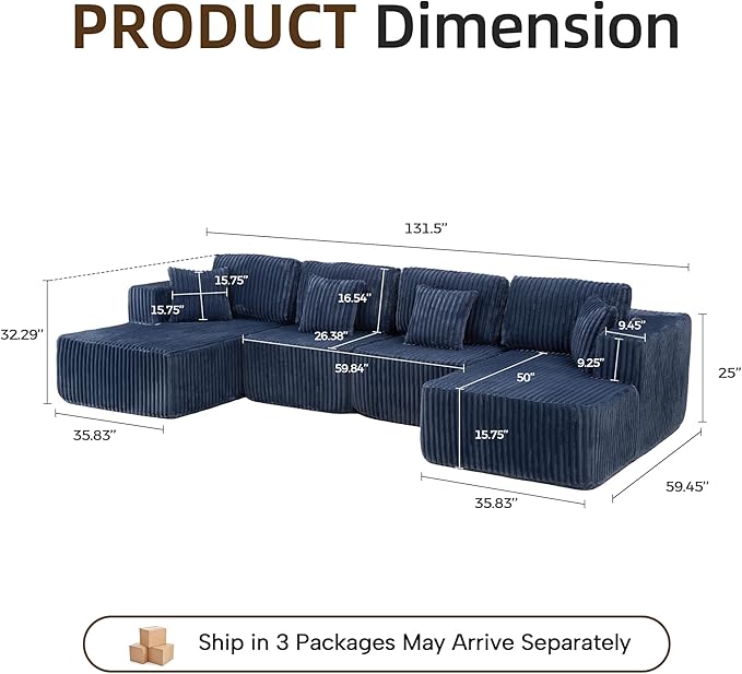132 U Shaped Sectional Couch Large Modular Cloud Couches with Double Chaise Lounge Comfy Corduroy Cloud Sofa with Pillows Boneless Couches for Living Room Blue