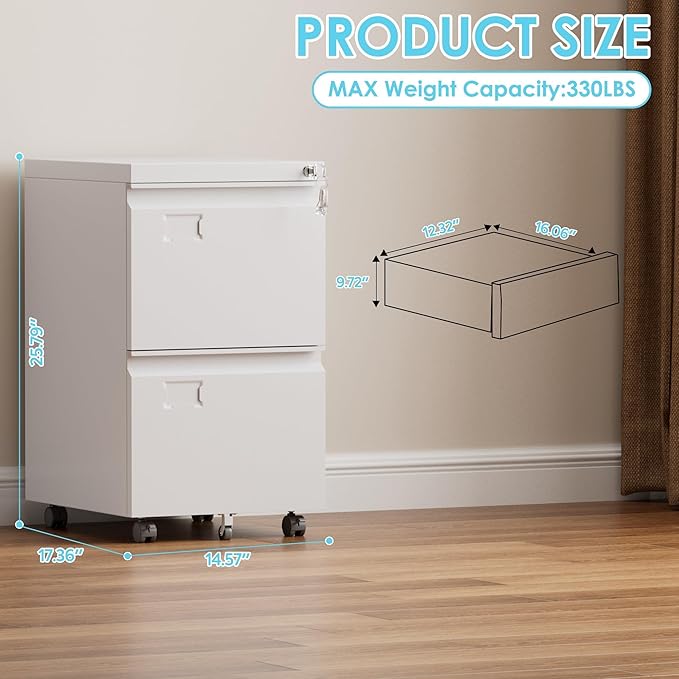 Aobabo 2 Drawer Filing Cabinet with Wheels Lockable Metal File Cabinet with Business Card Slot for Legal/Letter Size Home Office Required AssembledWhite
