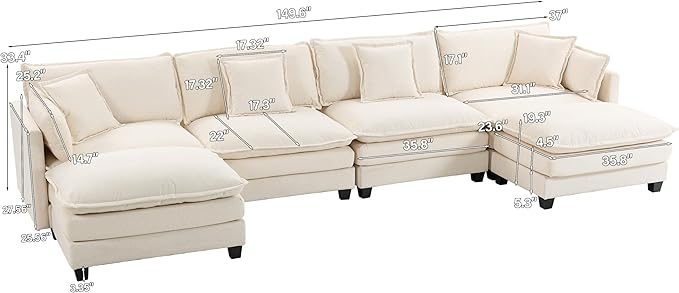 Sectional Cloud Couch 150 Modular Sofa with Ottoman and Pillow for Living Room Deep Seat Couches Modern Cloud Couch for Bedroom and Apartment