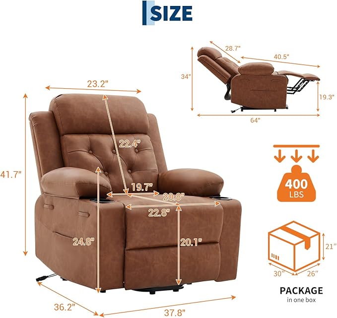 Oversized Power Lift Recliner Chair for ElderlyElectric Lift Chair with Vibration Massage and Lumbar HeatingPU Leather Single Sofa with Side Pockets Two Cup Holders for Big and Tall