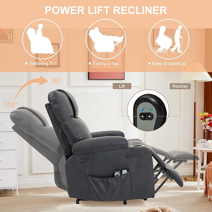 Power Lift Recliner Sofa Chair Electric Stand Assit for Elderly People Leather Reclining Chair with Cup Holders Massage &amp Heat Functions Living Room or Bedroom Furniture for Resting Black