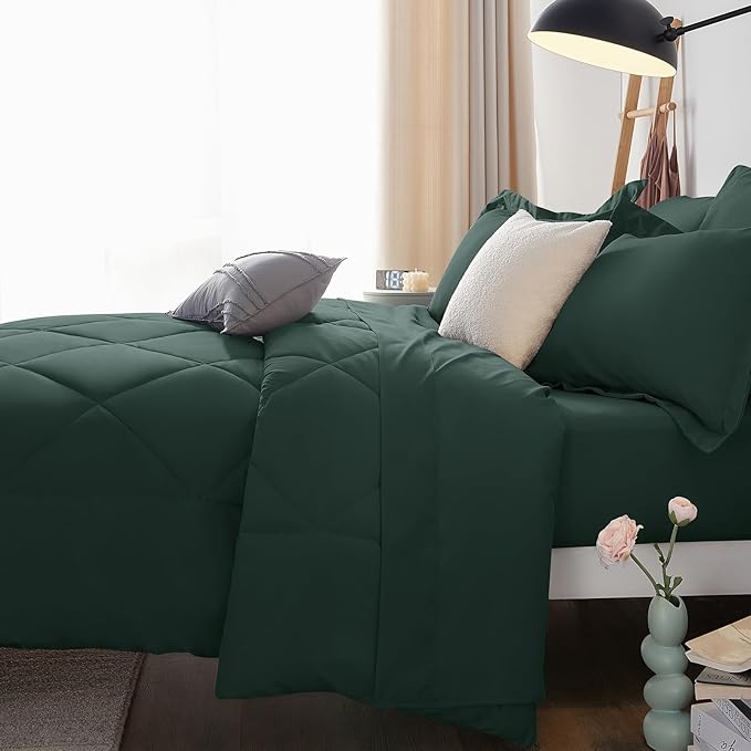 CozyLux Queen Comforter Set Forest Green - Bed in a Bag Queen Size 7 Pieces Luxury Soft Bed Set for All Seasons Bedding Set with Down Alternative Comforter Sheets Pillowcases &amp Shams