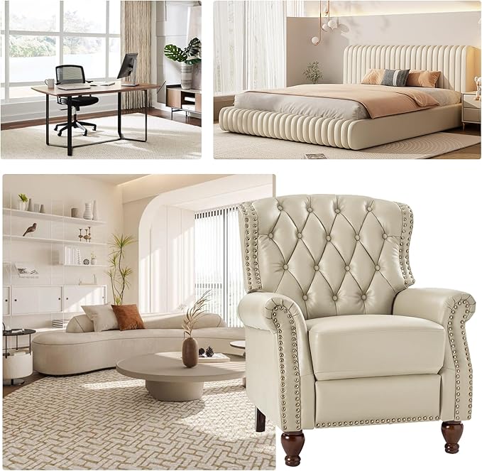 HULALA HOME Genuine Leather Recliner Chair with Solid Wood Feet Modern Adjustable Tufted Push Back Arm Chair w/Rivet Decoration Home Theater Seating Single Reclining Sofa for Living Room Beige
