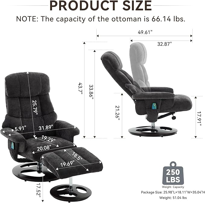 Elegant Chenille Massage Chair with 5 Point Vibration Massage360°Swivel Lounge Chair with OttomanDurable Structure Chaise Lounge with Adjustable Backrest For Living RoomOfficeStudyDark Gray