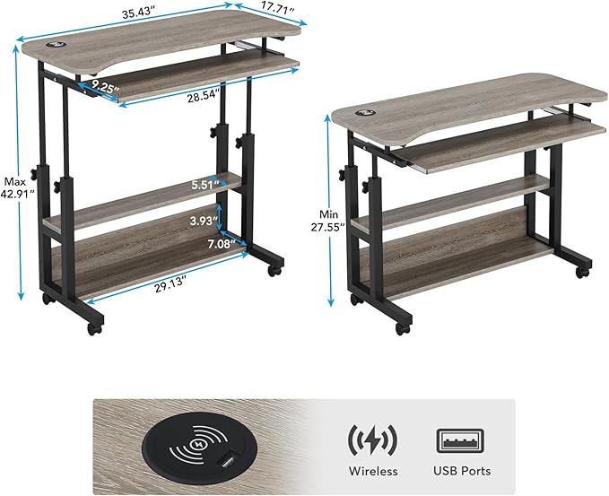 Tribesigns Portable Desk with Power Outlets Height Adjustable Side Table Sofa Couch Bedside Laptop Computer Cart with USB Charging Ports Mobile Small Standing Desk with Keyboard Tray