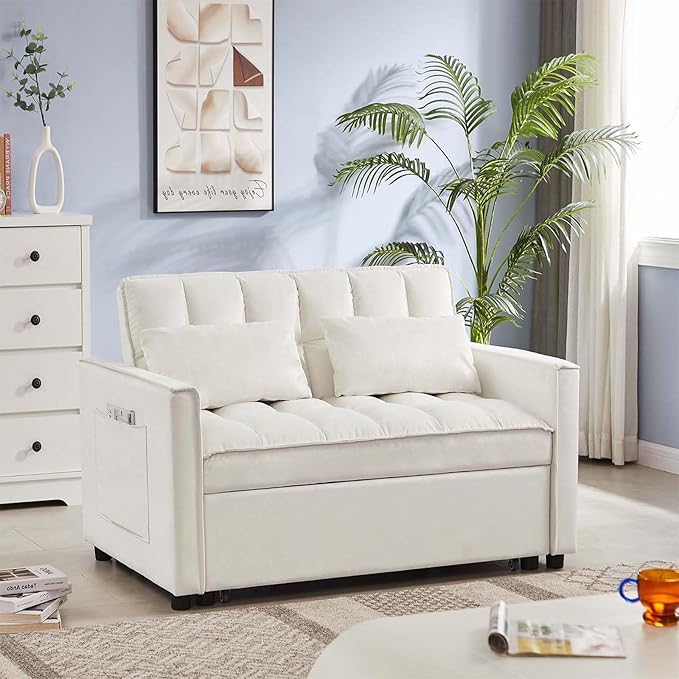 Sleeper Sofa Couch w/Pull Out Bed 53 Modern Velvet Convertible Sleeper Sofa Bed Small Love seat Sofa Bed with 2 Pillows &amp Side Pockets for Small Space Living Room Apartment Off White