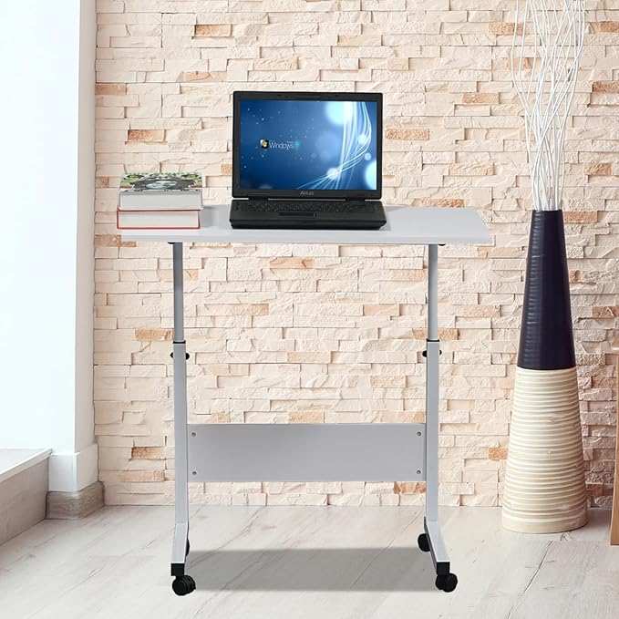 Mobile Height Adjustable Laptop Stand Computer Workstation for Sitting Classroom Medical Table w/Wheels Removable Steel Side Table with Baffle for Couch Home Office White L