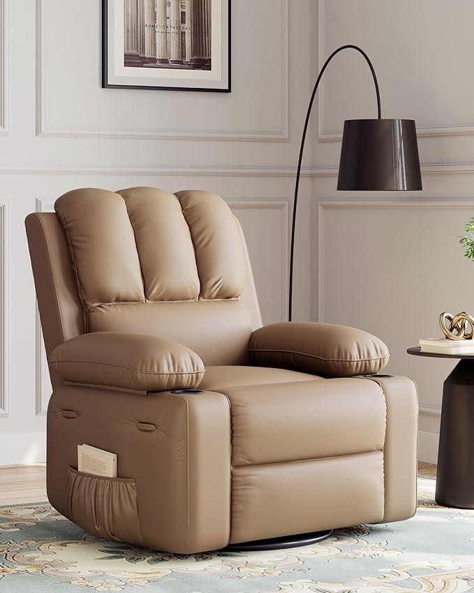 22 in Leather Recliner Chair for Adults Overstuffed Manual Recliner Chair Single Sofa with Cup Holder and Side Pockets Upholstered Chair for Living Rooms Tan