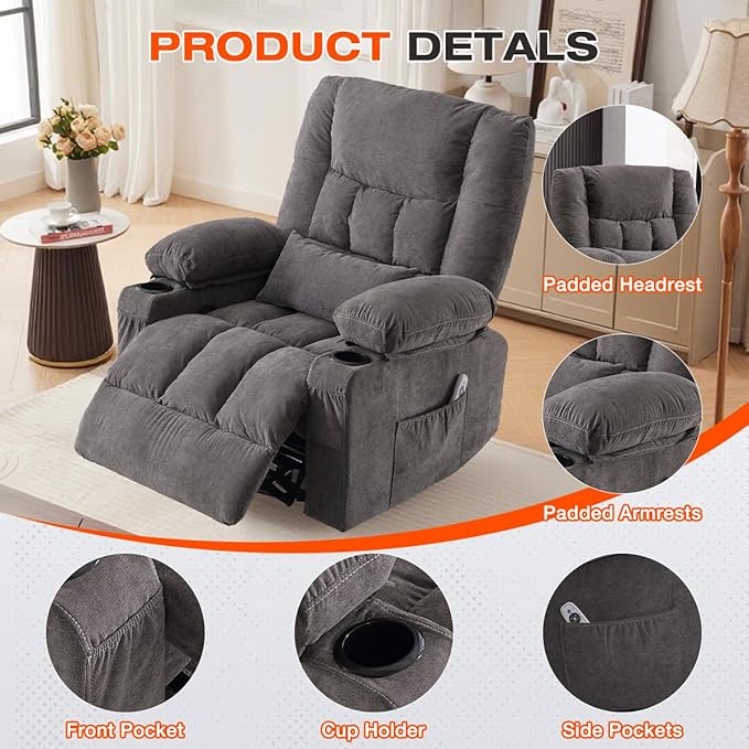 Power Swivel Recliner Chair with Rocking Function for AdultsOversized Rocker Recliner with Side Pocket2 Cup Holders for Living Room