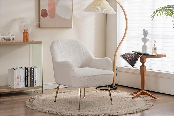 Modern Soft Green Teddy Fabric White Ergonomics Accent Chair Living Room Chair Bedroom Chair Home Chair with Gold Legs and Adjustable Legs Family Room Sofa Armchair Furniture for Indoor Home (White)