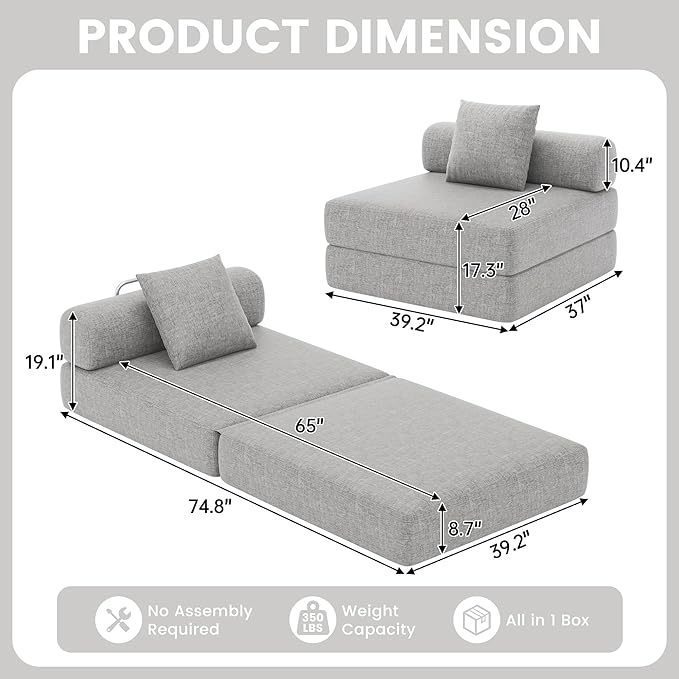 DURASPACE Folding Sleeper Sofa Bed Convertible Foam Floor Mattress Couch Single Boneless Fold Out Lounger Chair Bed for Living Room Bedroom (Chenille Gray)
