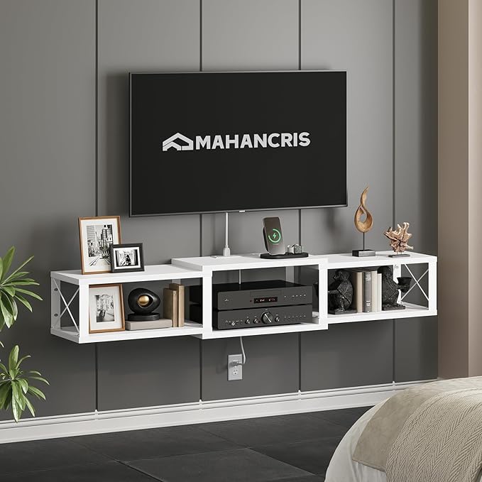 62.5 Floating TV Stand with Power Outlet Wall-Mounted Entertainment Center for 75 inch TVs Floating Media Console Shelf for Under TV Storage for Living Room Bedroom White TVWT102E01