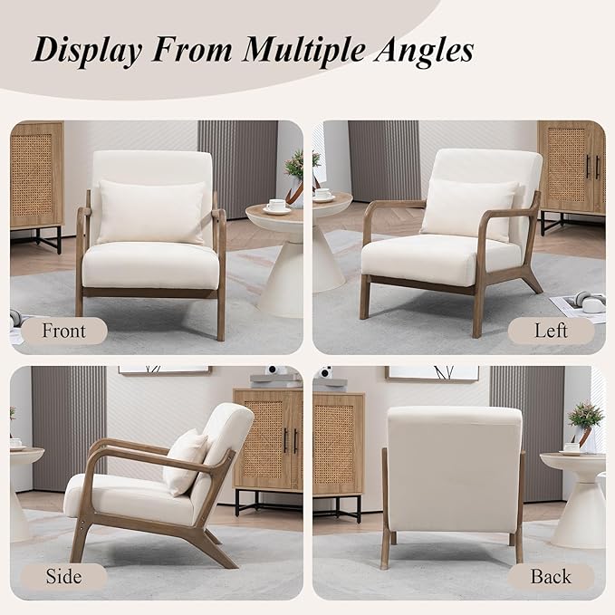 Minimalist Accent Chair Velvet Upholstered Mid-Century Modern Chair with Pillow Lounge Arm Chair with High Backrest Comfy Reading Chair for Living Room Balcony (White-Light Brown)