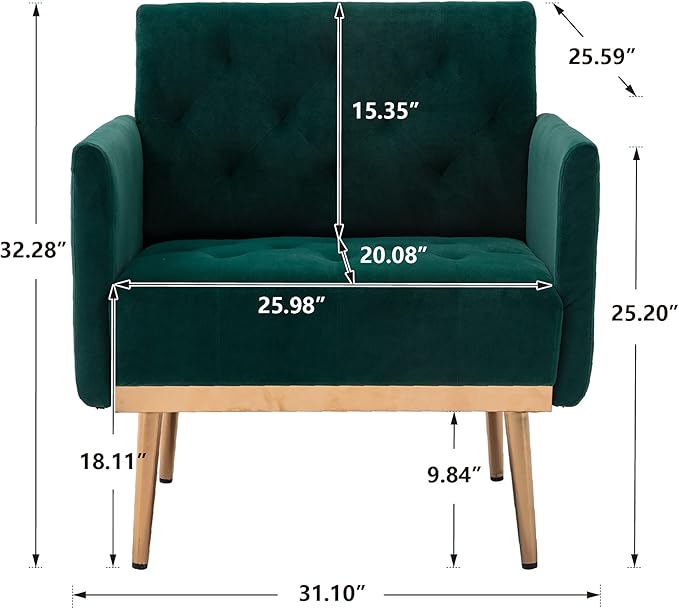 Modern Accent Chair Upholstered Single Sofa Arm Chair for Living Room and Bedroom Upholstered Comfy Armchair Chair with Solid Tapered Metal Legs (Green)