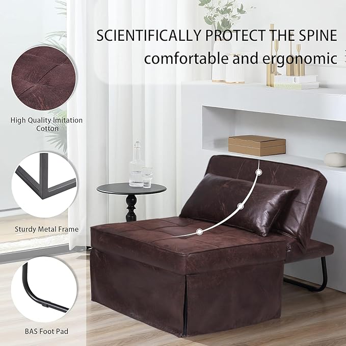 BIGSYY Sofa Bed Set of 4 in 1 Multi-Function Folding Ottoman Breathable Linen Couch Bed with Adjustable Backrest Modern Convertible Chair for Living Room Apartment Office PU Imitation Brown