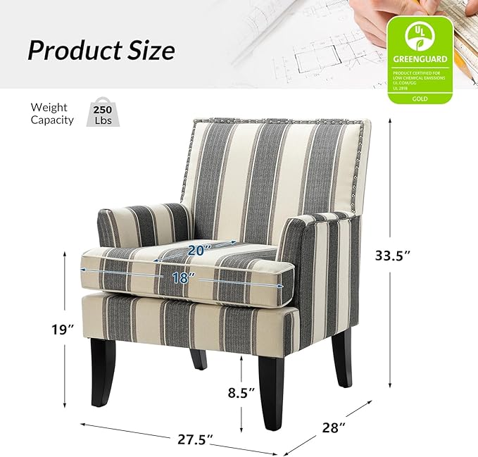 HULALA HOME Living Room Armchair Farmhouse Striped Accent Reading Chair with Wooden Legs &amp High Back Rest &amp Padded Armrest &amp Nail Head Trim for Lounge/Bedroom Striped Black