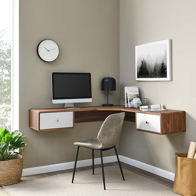Modway EEI-5863-WAL-WHI Transmit 55 Wall Mount Corner Wood Office Desk Walnut White