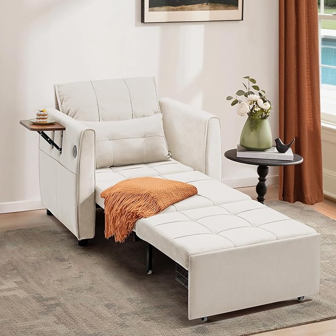 Convertible Sleeper Chair 4 in 1 Pull Out Chair Bed for Adults with Wing Table USB Charging &amp Bottom Storage Space-Saving 90 Single Sofa Bed Chairs for Living Room Dark Gray