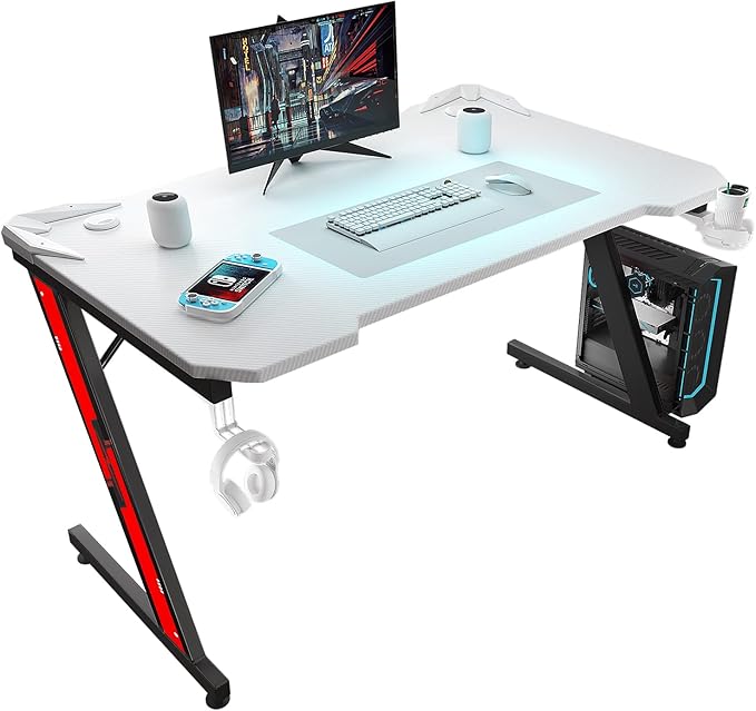 Homall Gaming Computer Desk with Carbon Fiber Surface Gaming Table Z Shaped Pc Home Office with Cup Holder&ampHeadphone Hook(44 in White)