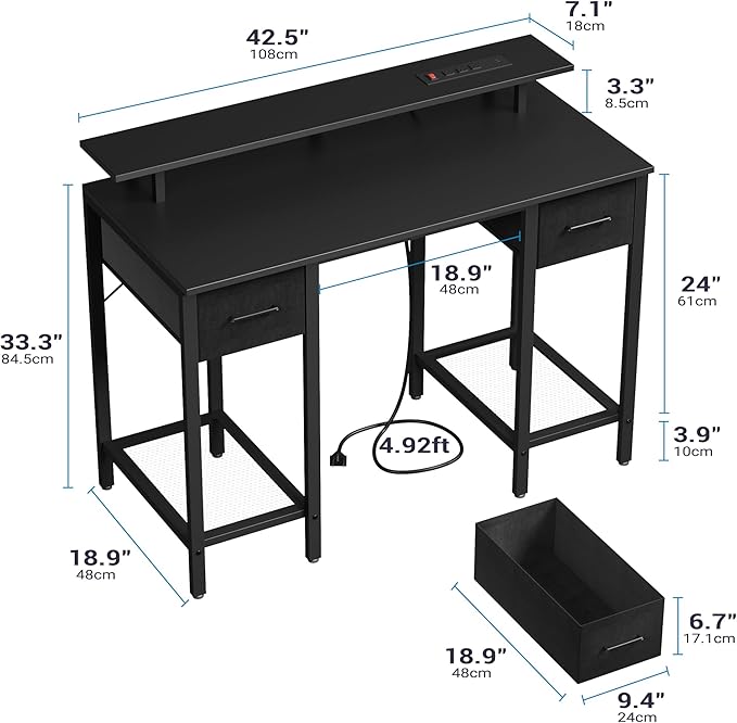 Black Computer Desk with Drawers 42 Inch Home Office Desk Study Writing Table Gaming Desk with USB Power Outlets Office Desk with Fabric Drawer Work Table with Shelf for Bedroom Black