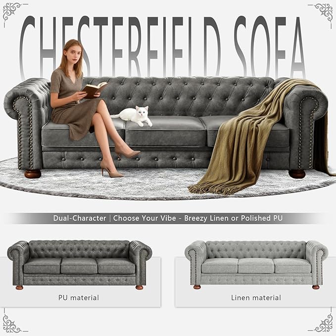 Dreamzie 89 Chesterfield Sofa Couch 3-Seater Leather Vintage Couch Mid Century Modern Sofa with Rolled Arm for Living Room Office Grey