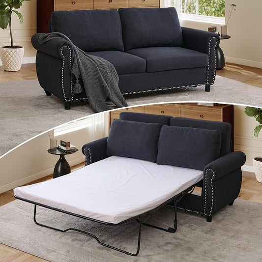 Full Size Pull Out Sofa Bed 3 in 1 Linen Convertible Loveseat Sleeper Sofa Bed with Memory Form Mattress Pull Out Couch with Nailhead Trim &amp Roll Arms for Living Room Bedroom Small Space(Grey)
