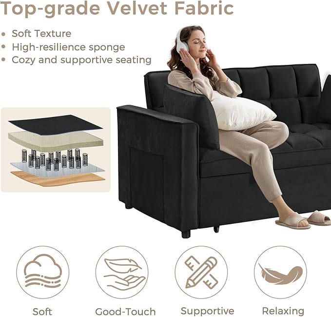 ANJ 3 in 1 Convertible Sofa Bed Pull Out Futon Loveseat Sleeper Sofa Couch with Adjustable Backrest Storage Pockets 2 Pillows for Living Room Bedroom