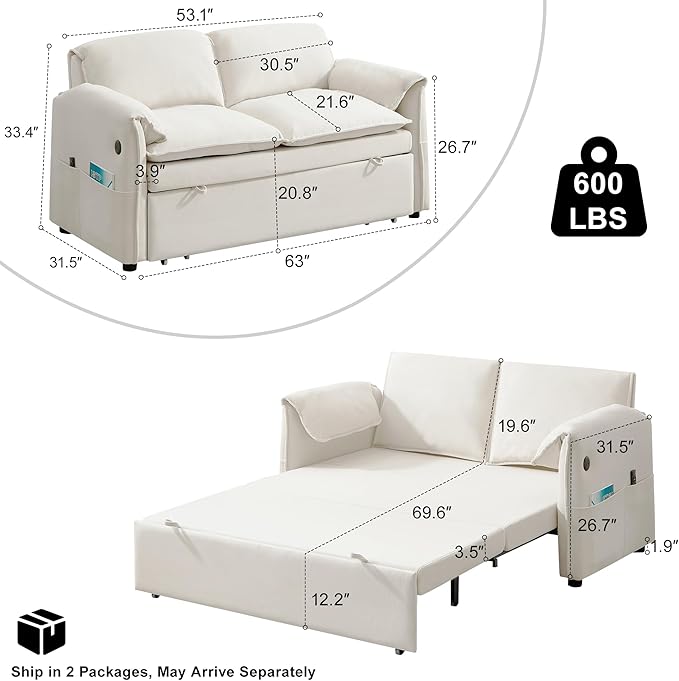 63 Velvet Pull Out Sofa Bed 3-in-1 Convertible Futon Loveseat Queen Sleeper Sofa Couch Bed with Adjustable Backrest USB Ports &amp Side Pockets Modern Sofas for Living Room Apartment Beige