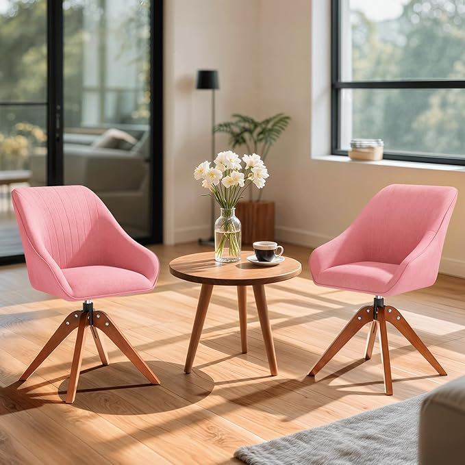 Magshion Mid Century Swivel Accent Chair Set of 2 360° Rotating Fabric Armchair with Oak Wood Legs Modern Reading Chair for Living Room Bedroom Office or Study Pink